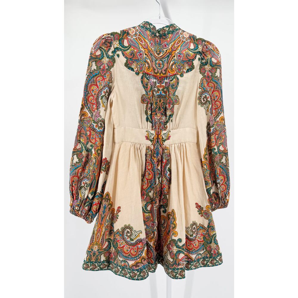 Zimmermann Ottie Plunge Mini Dress Multicolor Paisley Linen Floral Logo XS 0 - Picture 2 of 12